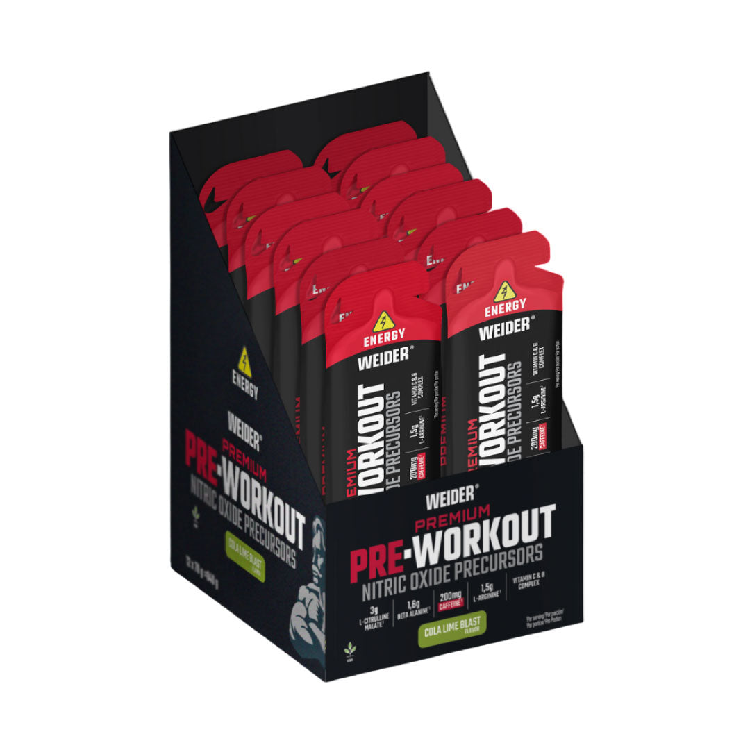 Pre-entreno Premium en gel sabor cola-lima (caja 12 uds. de 70g) de Weider